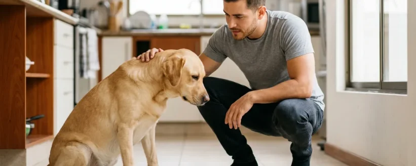 Hombre joven agachado en la cocina junto a su perro labrador que aparta la cara de su plato de comida porque no quiere comer