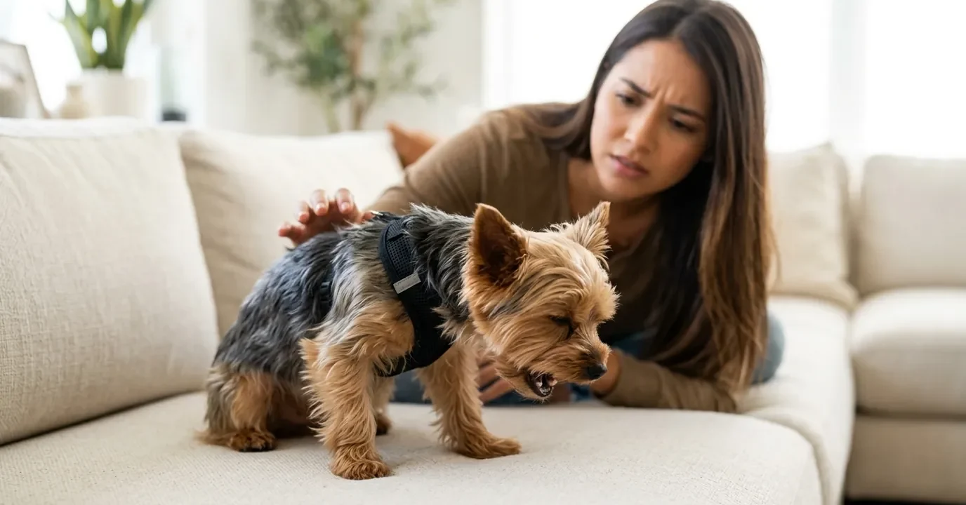 Perro yorkshire con arnés tosiendo con el cuello estirado y la boca abierta sobre un sofá mientras su dueña lo mira preocupada Perro yorkshire con arnés tosiendo con el cuello estirado y la boca abierta sobre un sofá mientras su dueña lo mira preocupada