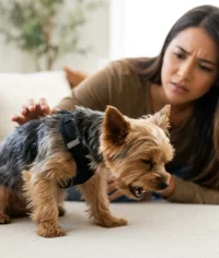 Perro yorkshire con arnés tosiendo con el cuello estirado y la boca abierta sobre un sofá mientras su dueña lo mira preocupada