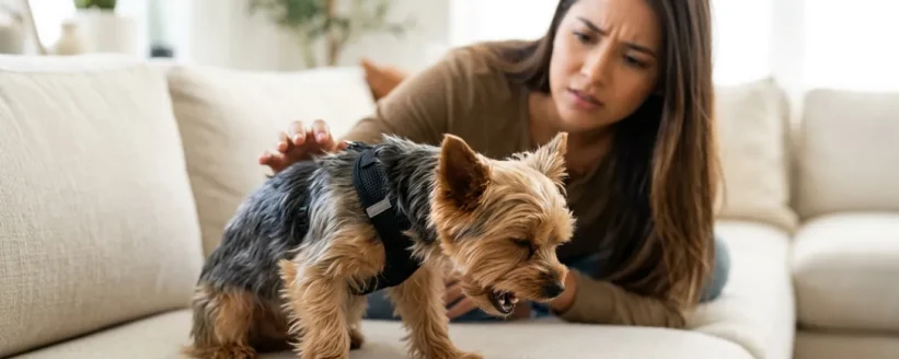 Perro yorkshire con arnés tosiendo con el cuello estirado y la boca abierta sobre un sofá mientras su dueña lo mira preocupada