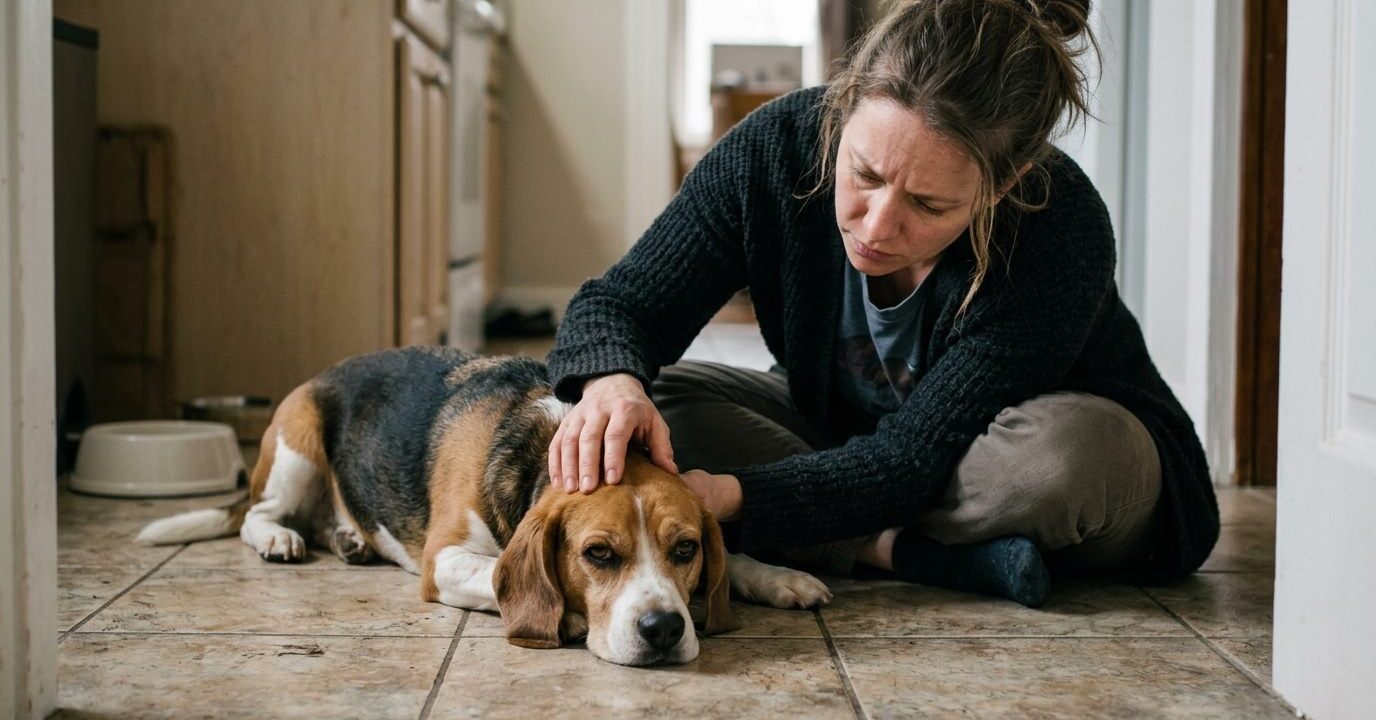 Mujer acariciando la cabeza de su perro beagle decaído acostado en el piso de su casa mientras evalúa si su vómito es urgente Mujer acariciando la cabeza de su perro beagle decaído acostado en el piso de su casa mientras evalúa si su vómito es urgente