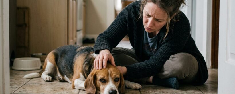 Mujer acariciando la cabeza de su perro beagle decaído acostado en el piso de su casa mientras evalúa si su vómito es urgente Mujer acariciando la cabeza de su perro beagle decaído acostado en el piso de su casa mientras evalúa si su vómito es urgente