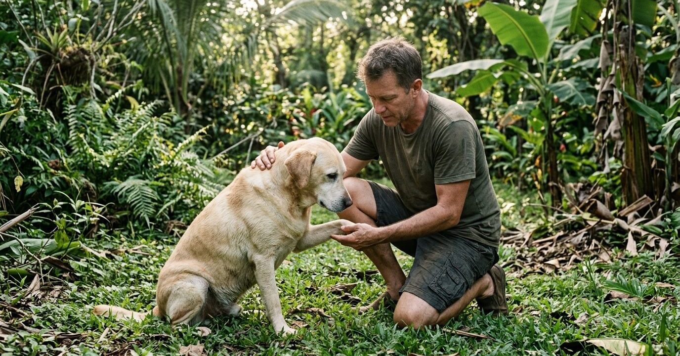 Hombre en cuclillas en un jardín tropical sujetando con calma la pata de su perro labrador tras un posible accidente con una serpiente