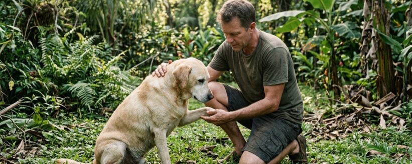 Hombre en cuclillas en un jardín tropical sujetando con calma la pata de su perro labrador tras un posible accidente con una serpiente