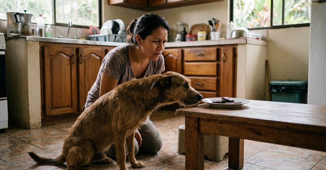 Mujer arrodillada en la cocina de su casa mirando preocupada a su perro que huele unos cuadritos de chocolate oscuro sobre un plato