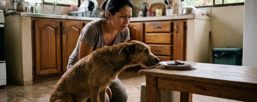 Mujer arrodillada en la cocina de su casa mirando preocupada a su perro que huele unos cuadritos de chocolate oscuro sobre un plato