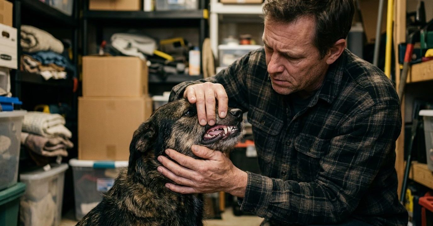 Hombre preocupado revisando las encías de su perro dentro de un cuarto de almacenamiento tras sospechar que comió veneno para ratas