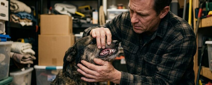 Hombre preocupado revisando las encías de su perro dentro de un cuarto de almacenamiento tras sospechar que comió veneno para ratas Hombre preocupado revisando las encías de su perro dentro de un cuarto de almacenamiento tras sospechar que comió veneno para ratas
