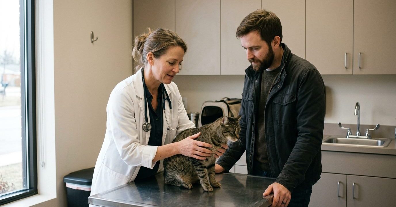 Veterinaria examinando a un gato atigrado sobre la mesa de consulta mientras su dueño observa atento en una clínica veterinaria Veterinaria examinando a un gato atigrado sobre la mesa de consulta mientras su dueño observa atento en una clínica veterinaria