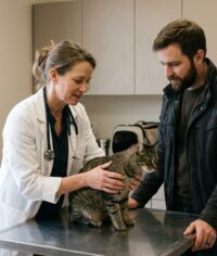 Veterinaria examinando a un gato atigrado sobre la mesa de consulta mientras su dueño observa atento en una clínica veterinaria
