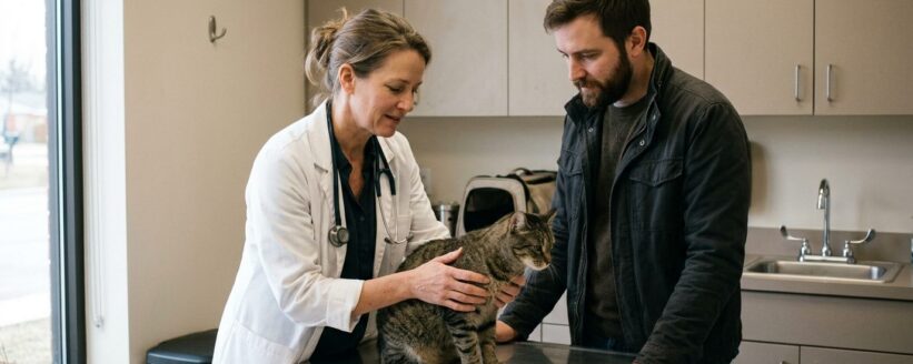 Veterinaria examinando a un gato atigrado sobre la mesa de consulta mientras su dueño observa atento en una clínica veterinaria