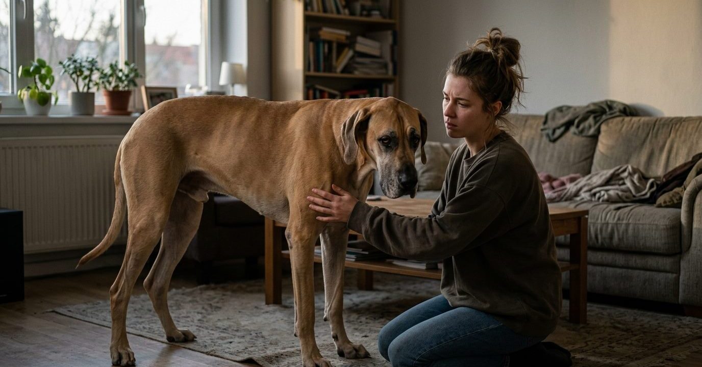 Mujer arrodillada junto a su gran danés con postura tensa en la sala de su casa, atenta a las señales de torsión gástrica