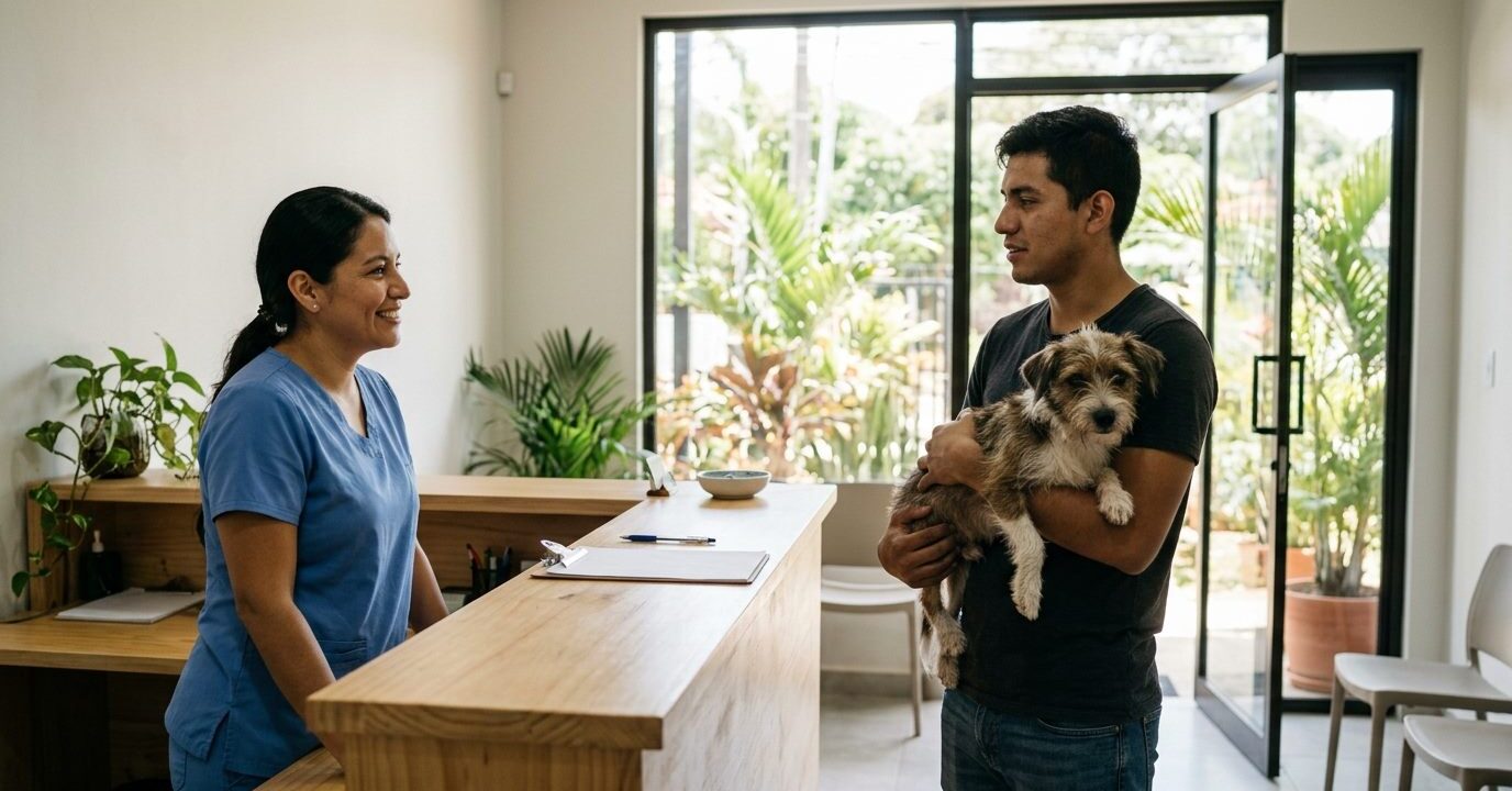 Recepcionista sonriendo mientras recibe a un hombre que carga a su perro pequeño en la recepción luminosa de una veterinaria en Heredia Recepcionista sonriendo mientras recibe a un hombre que carga a su perro pequeño en la recepción luminosa de una veterinaria en Heredia
