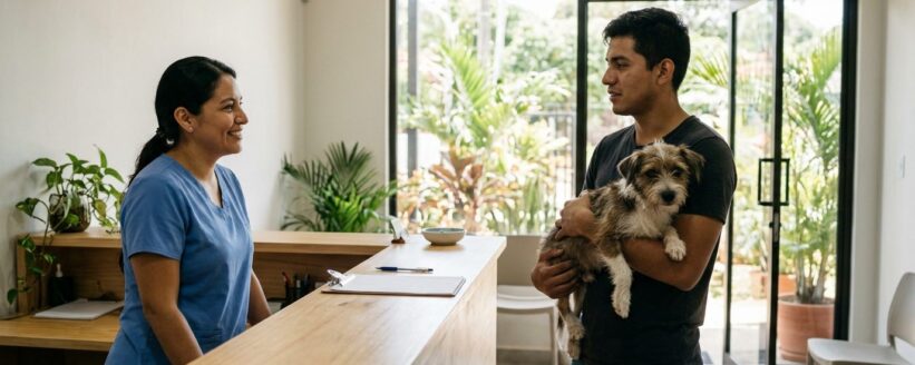 Recepcionista sonriendo mientras recibe a un hombre que carga a su perro pequeño en la recepción luminosa de una veterinaria en Heredia Recepcionista sonriendo mientras recibe a un hombre que carga a su perro pequeño en la recepción luminosa de una veterinaria en Heredia